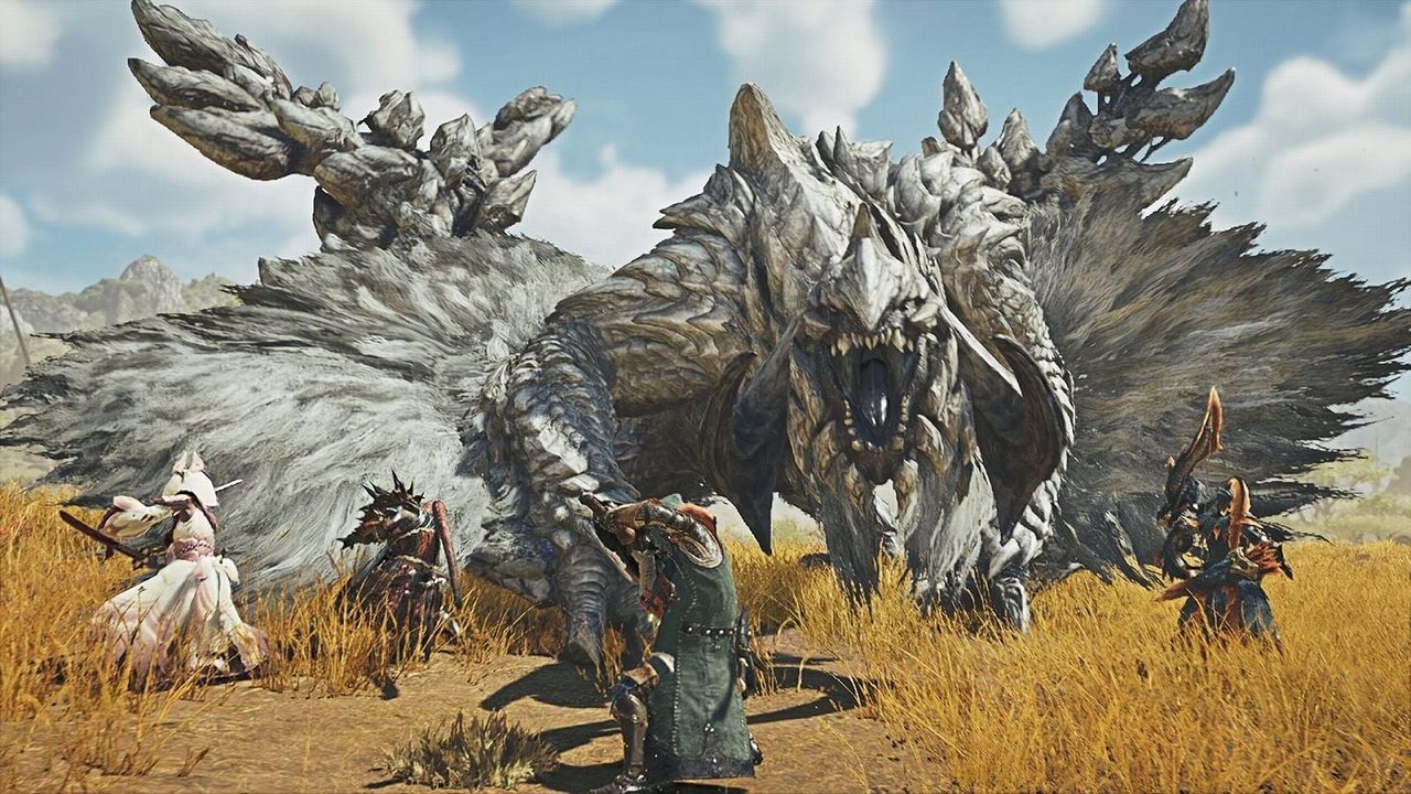 モンスターハンターワイルズのゲーム画面。大型モンスターと対峙する複数のハンター