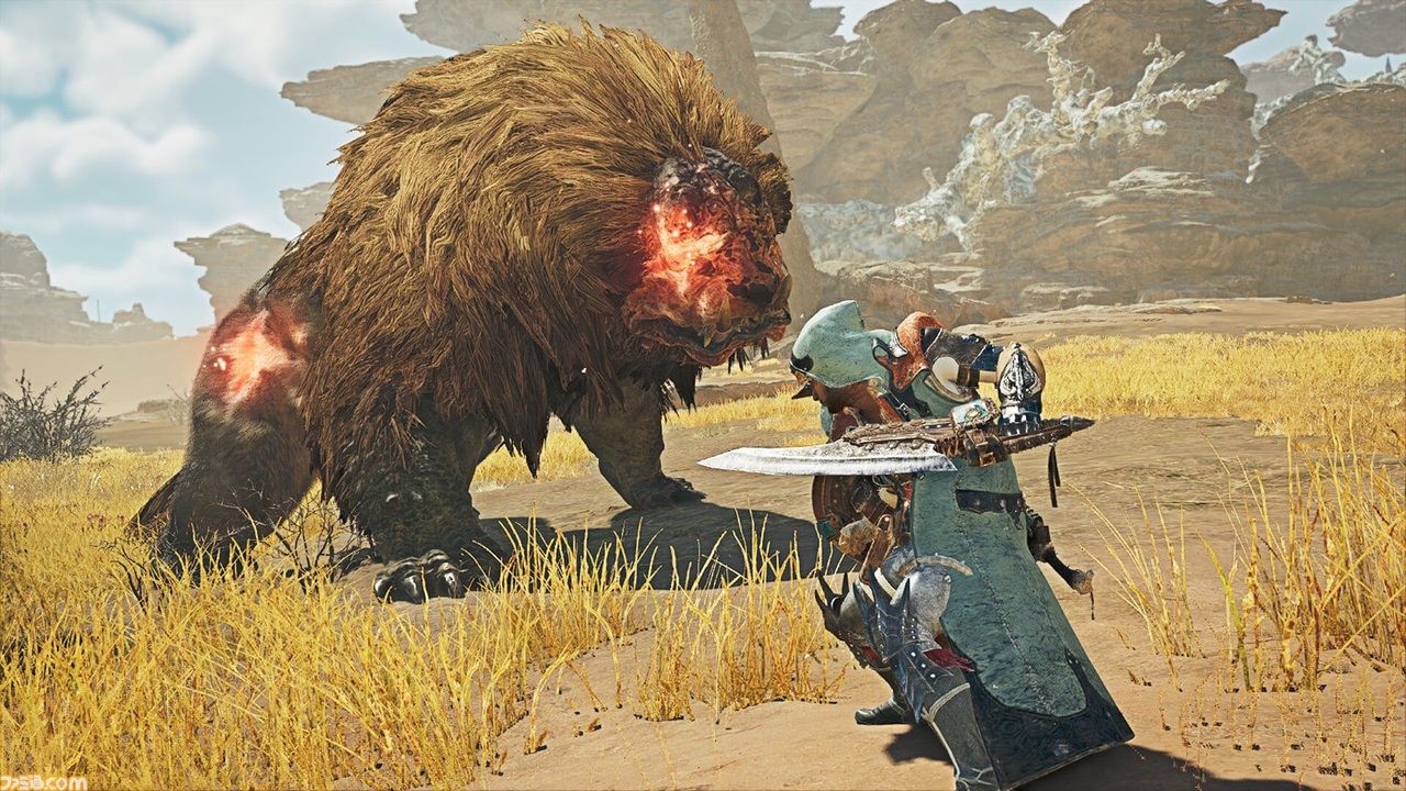 モンスターハンターワイルズの序盤。赤く発光する大型モンスターに武器を構えるハンター