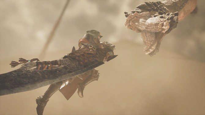 モンスターハンターワイルズのゲーム内ムービー。大剣を構えるハンターとモンスター