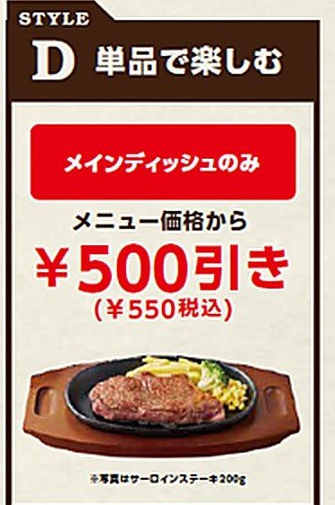 ステーキ宮 ディナースタイルD 単品で楽しむ メインディッシュのみ 550円引き