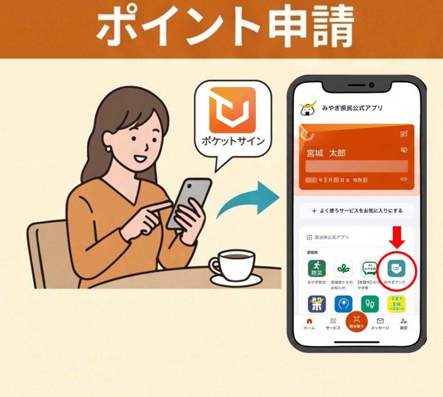ポケットサインアプリのみやぎアンケートからポイントを申請する画面のイラスト
