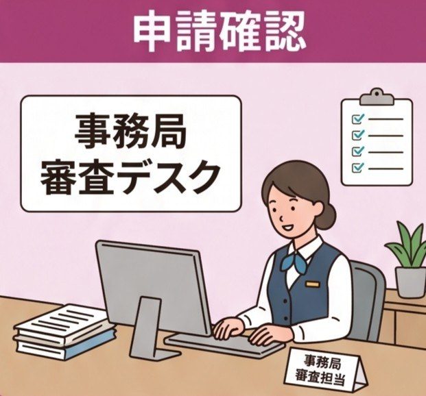 事務局の審査デスクのイラスト 宿泊促進キャンペーンの申請確認