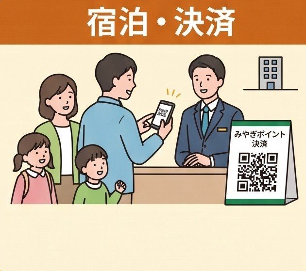 宿泊施設のフロントでみやぎポイントを二次元コードで決済するイラスト