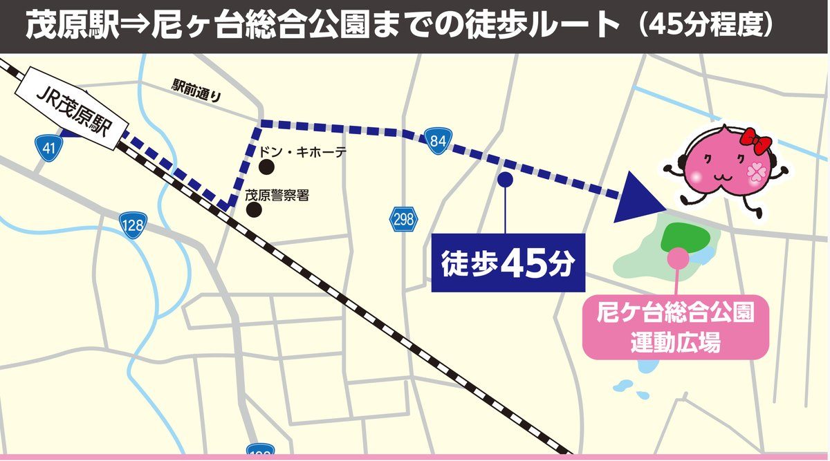 茂原駅から尼ケ台総合公園までの徒歩ルート(45分程度)を示した公式地図