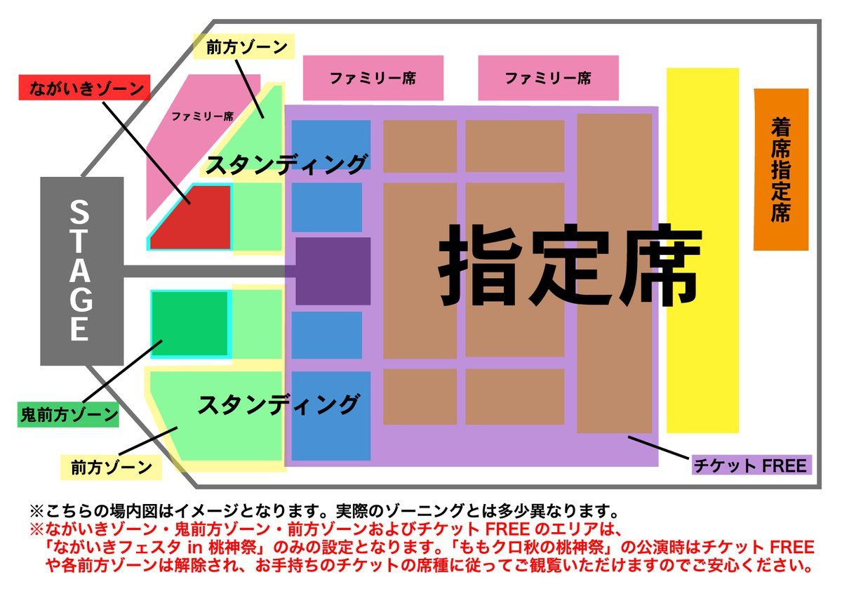 ながいきフェスタ in 桃神祭のながいきゾーン・鬼前方ゾーン・前方ゾーンとチケットFREEエリアの場内図(イメージ)