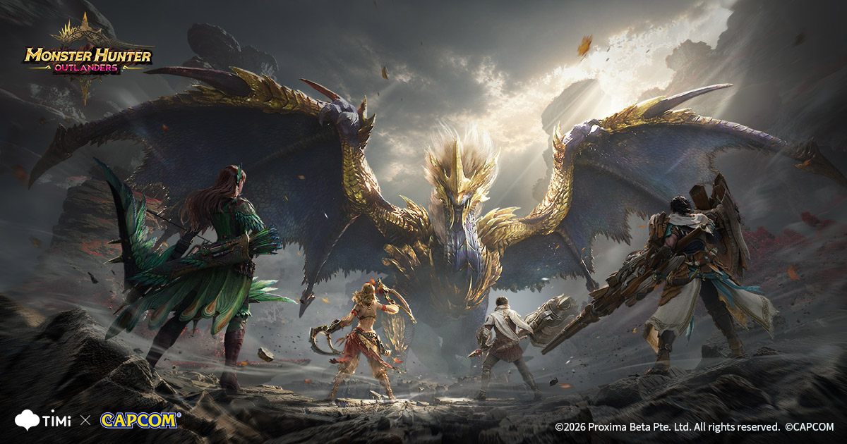 モンスターハンターアウトランダーズのキーアート 巨大なモンスターに挑むハンターたち