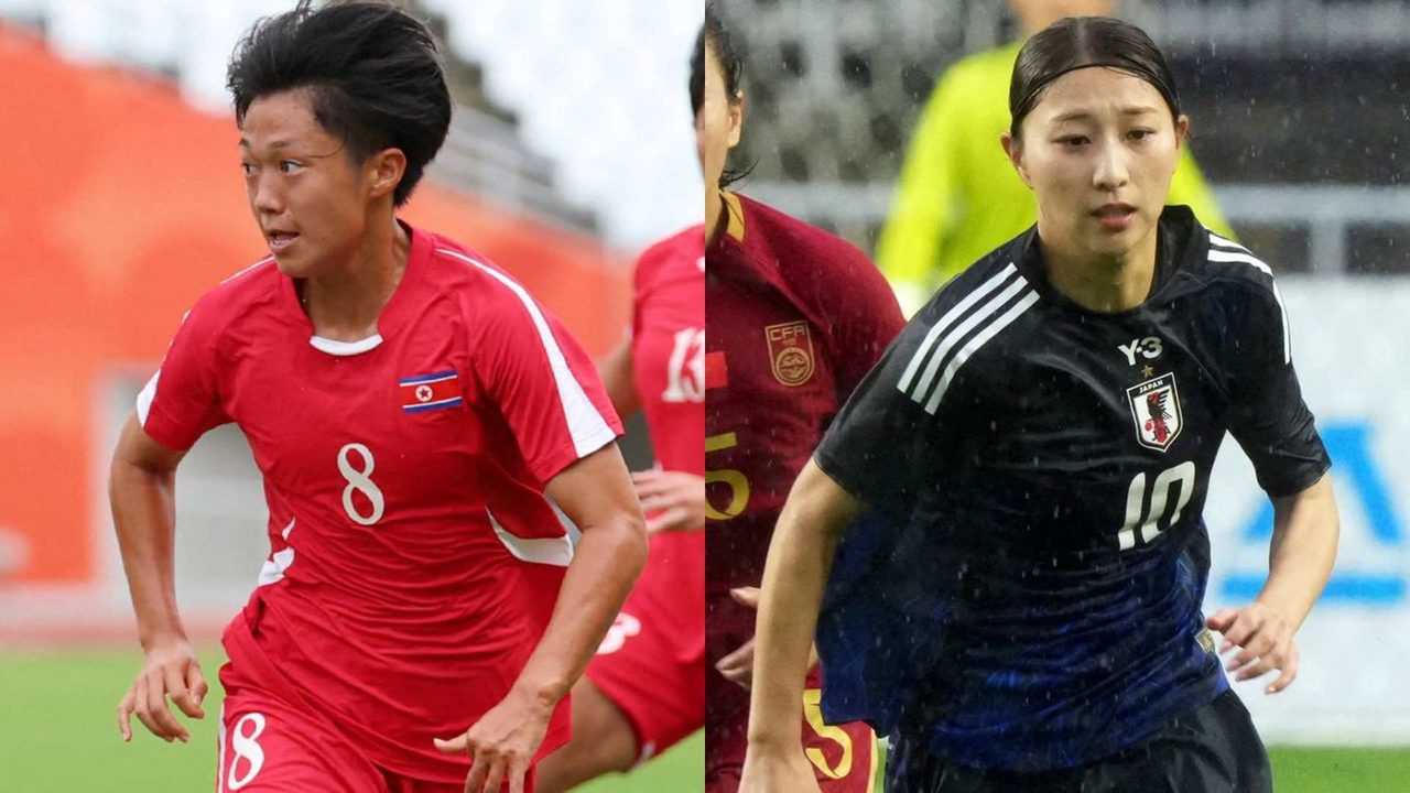 北朝鮮女子代表の8番となでしこジャパンの10番が並んだアジア大会女子サッカー決勝の対戦カード写真