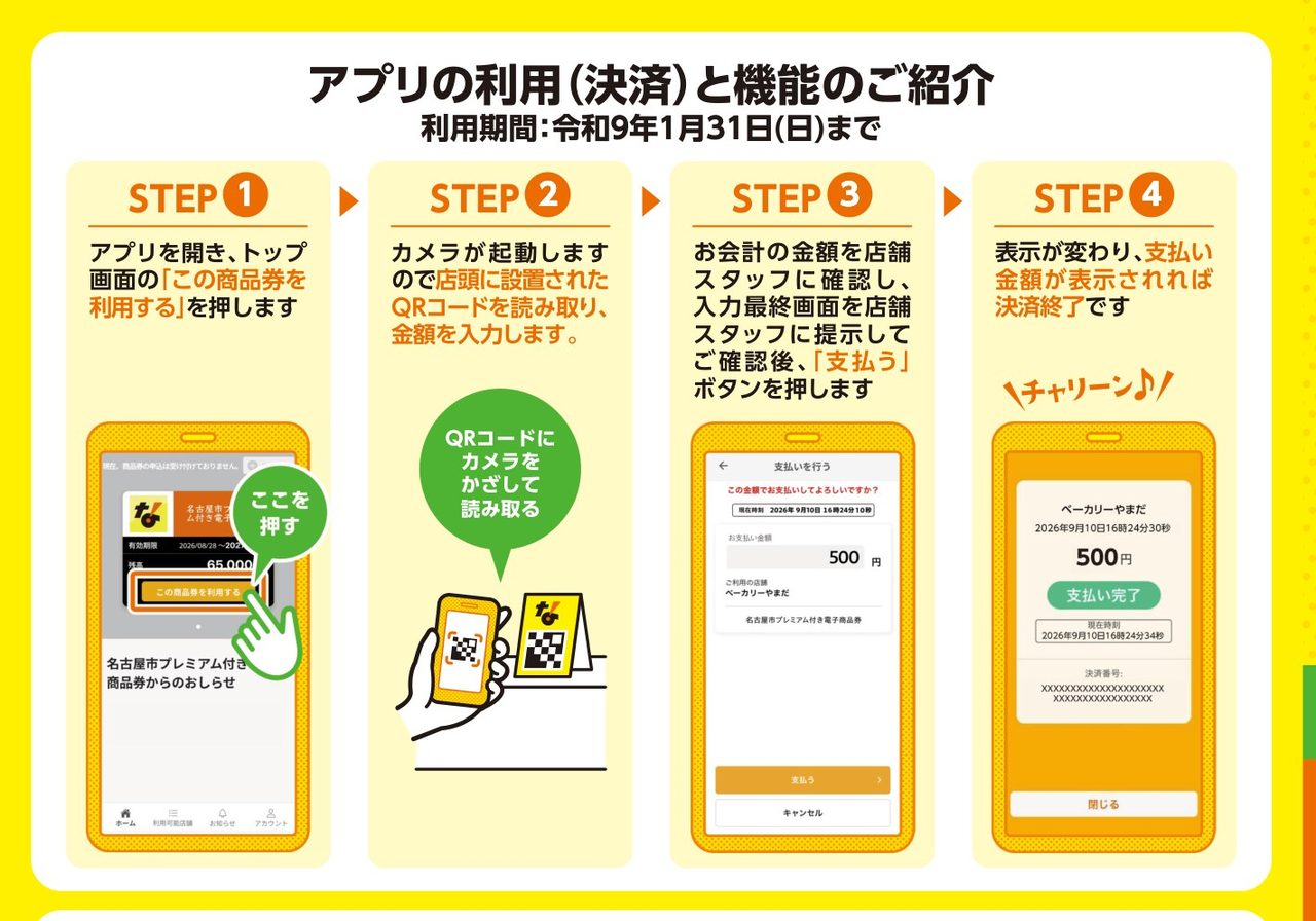 名古屋市プレミアム付き電子商品券 アプリの利用手順 店頭のQRコードを読み取り金額を入力して支払う