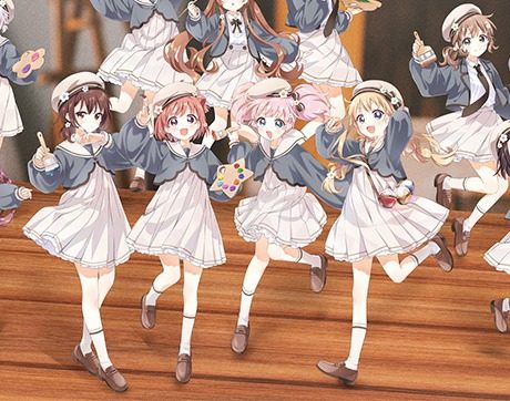 なもり画業20周年記念作品展のキービジュアル中央。七森中のキャラクターたち