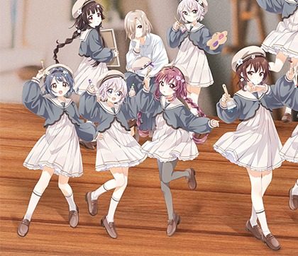 なもり画業20周年記念作品展のキービジュアル左側。パレットや絵筆を持つキャラクターたち
