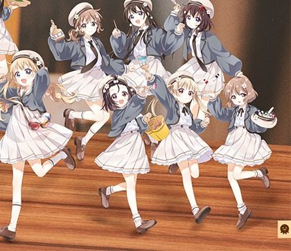 なもり画業20周年記念作品展のキービジュアル右側。七森中美術部のキャラクターたち