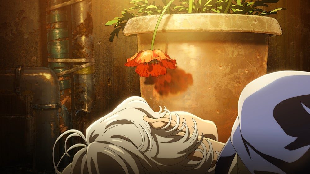 フールナイトの場面写真 枯れかけた花の鉢と倒れた人物のアニメカット