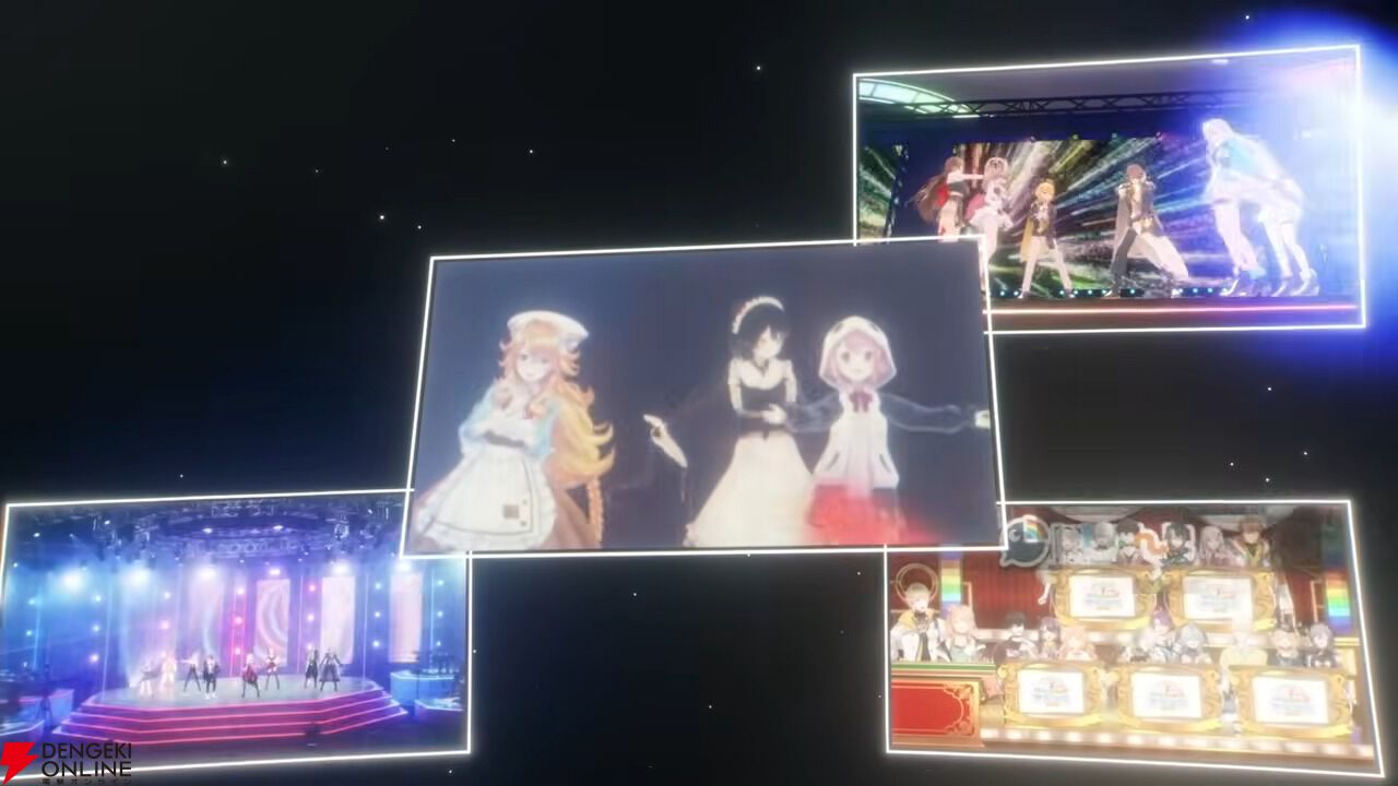 5月のティザー映像の一場面。ライブやクイズ企画などの映像がカード状に並ぶ演出