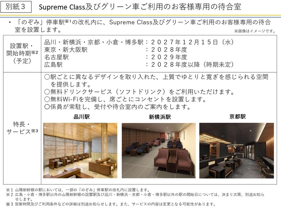 Supreme Classとグリーン車利用者専用の待合室の設置駅と開始時期 品川・新横浜・京都駅のイメージ