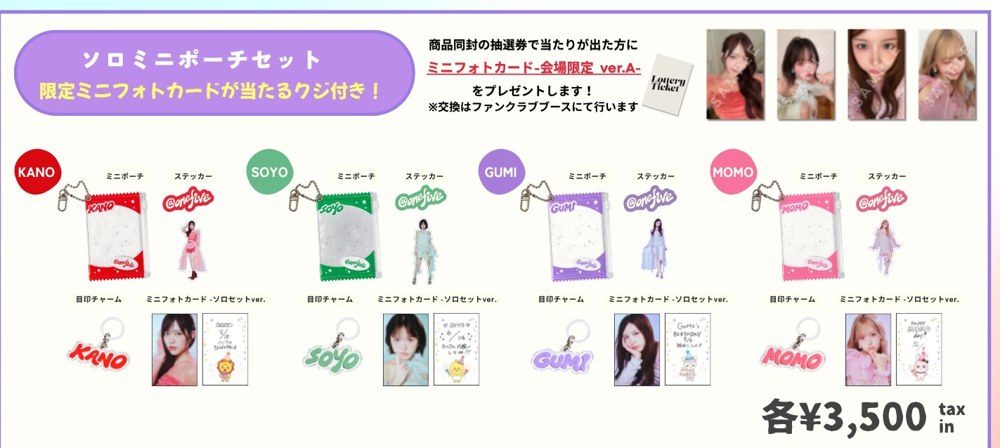 KANO、SOYO、GUMI、MOMOそれぞれのソロミニポーチセットの内容