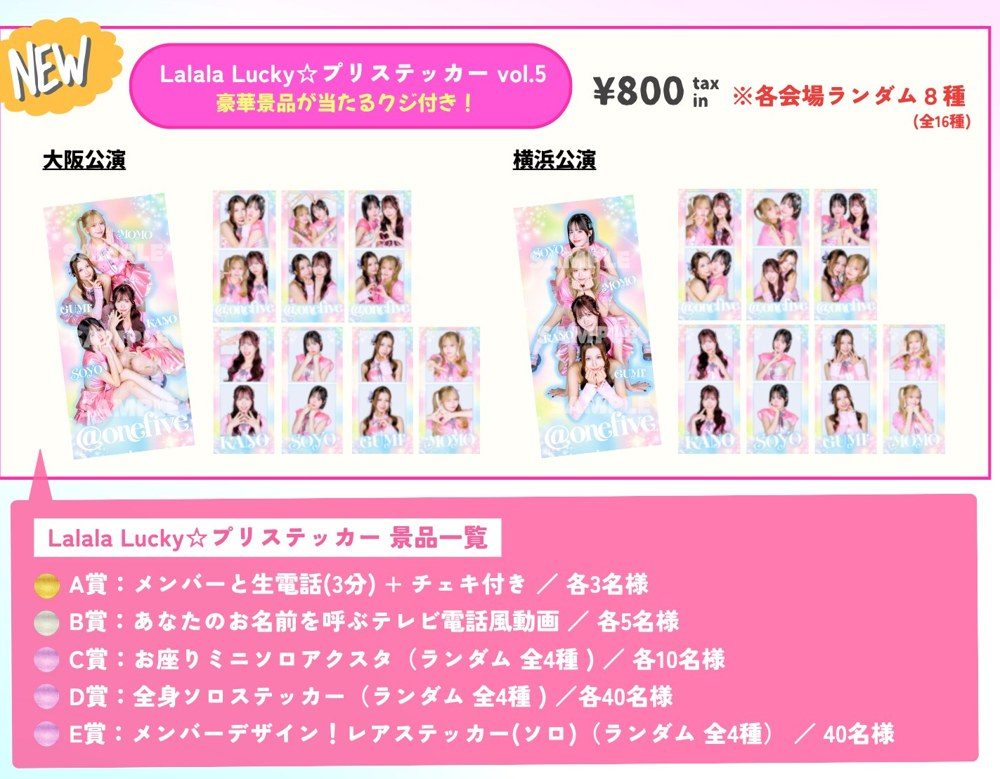 Lalala Luckyプリステッカー vol.5。大阪公演と横浜公演のステッカー柄と景品一覧