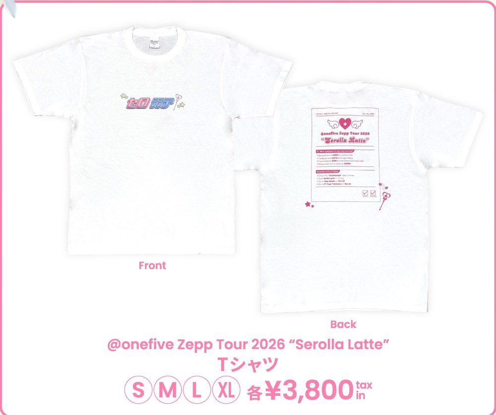 @onefive Zepp Tour 2026 Serolla LatteのTシャツ。前面と背面のデザイン