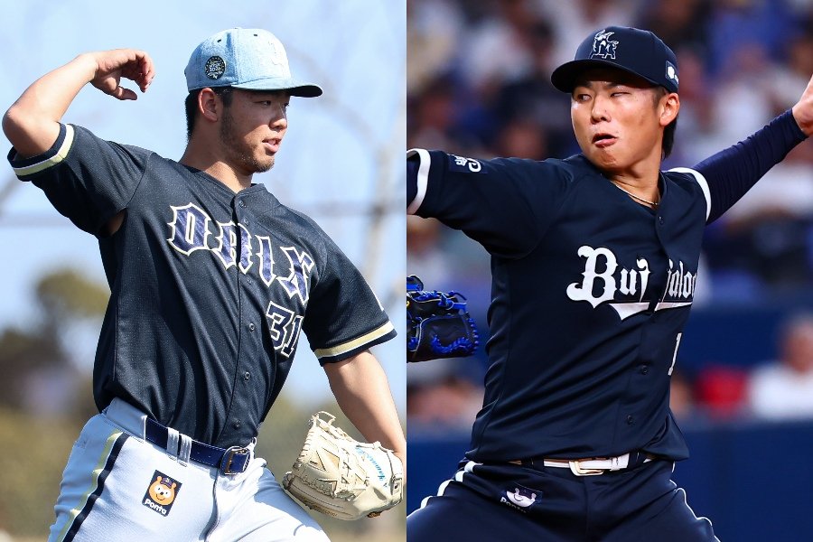 オリックスの投手2人の投球写真 左は背番号31のユニフォーム 右は紺のユニフォーム