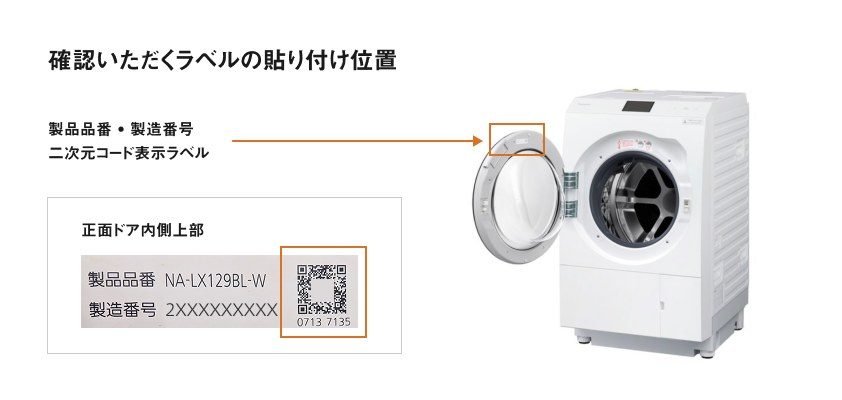 正面ドア内側上部にある製品品番・製造番号・二次元コードの表示ラベルの位置