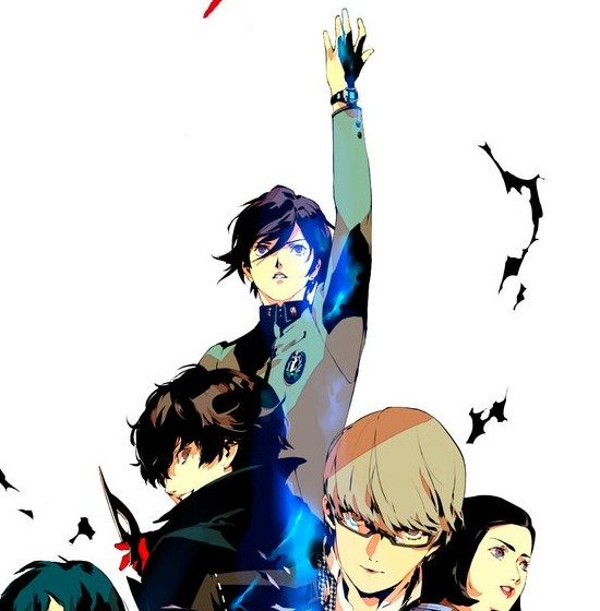 PERSONA 30th EXのキービジュアル中央。腕を高く掲げる人物を中心にしたシリーズのキャラクター