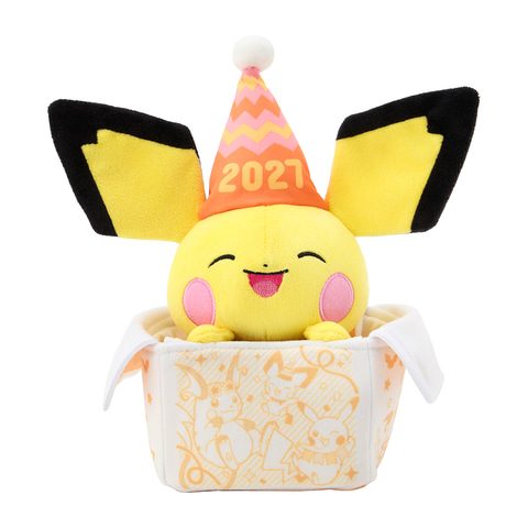 ピカピカボックス2027に入るピチューのぬいぐるみ 2027入りパーティー帽子