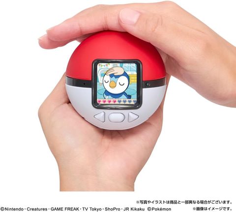 手のひらにおさまるモンスターボール型の本体を持つ様子。画面にはポッチャマが表示されている