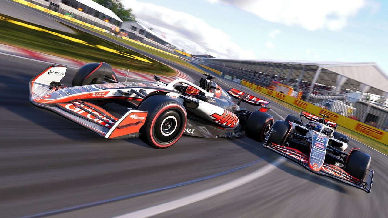 F1 25のレース画面 ハースF1チームのマシンがコーナーで競り合う場面