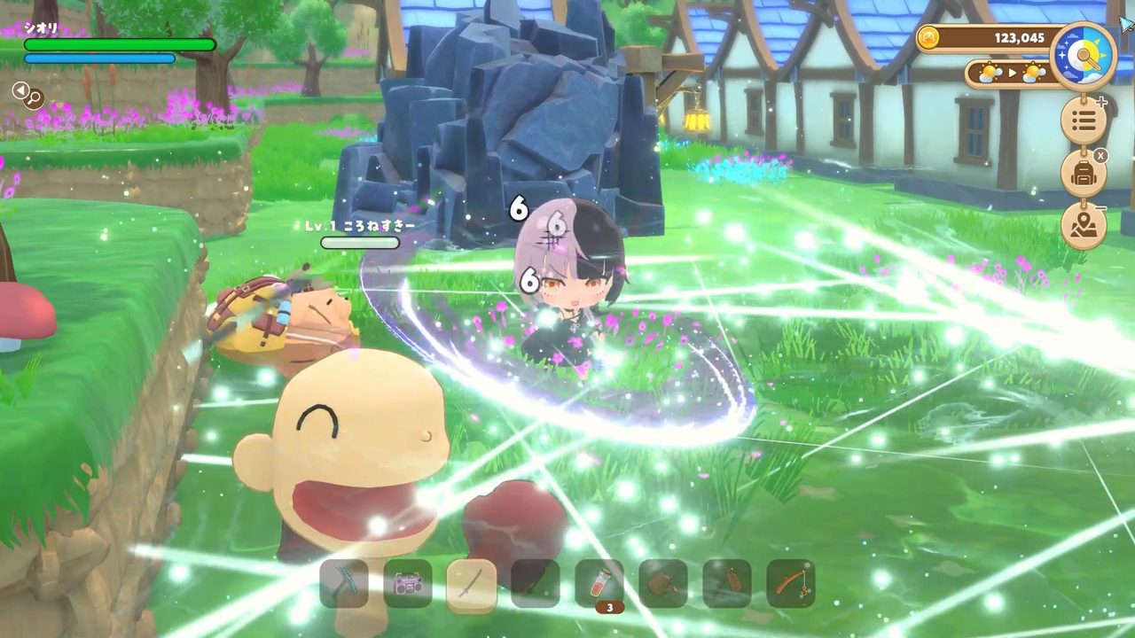 ぷちホロの村 畑仕事をするミニキャラのゲーム画面