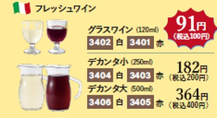 サイゼリヤのフレッシュワイン グラス100円 デカンタ小200円 大400円