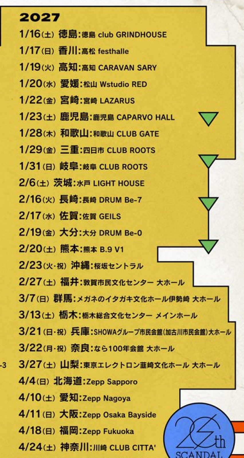 SCANDAL 47都道府県ツアー2027年分の日程表。1月16日徳島から5月1日東京まで