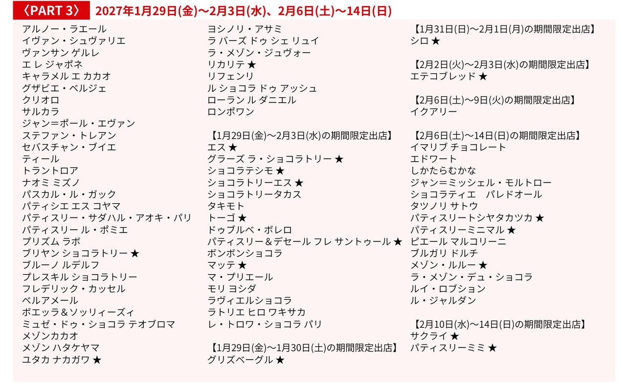 サロン・デュ・ショコラ2027 PART3 出店ブランド一覧(1月29日〜2月14日)