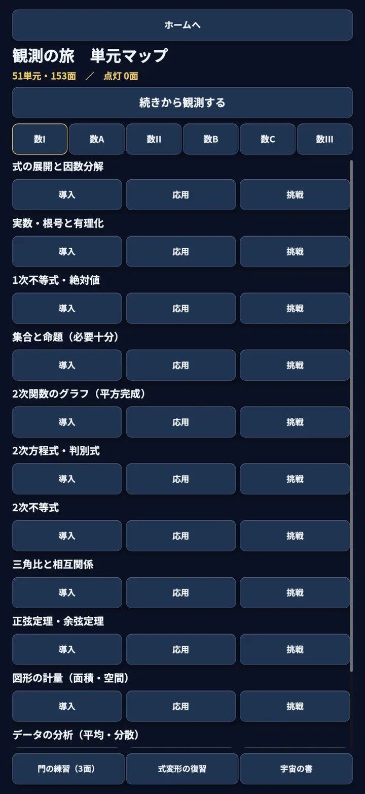 式霊の書の観測の旅 単元マップの画面