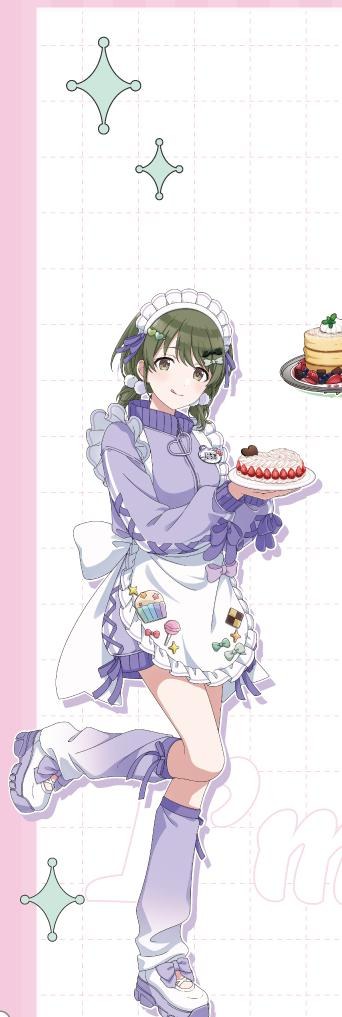 シャニマス コラボカフェ告知ビジュアル 紫色の衣装でケーキを持つアイドル