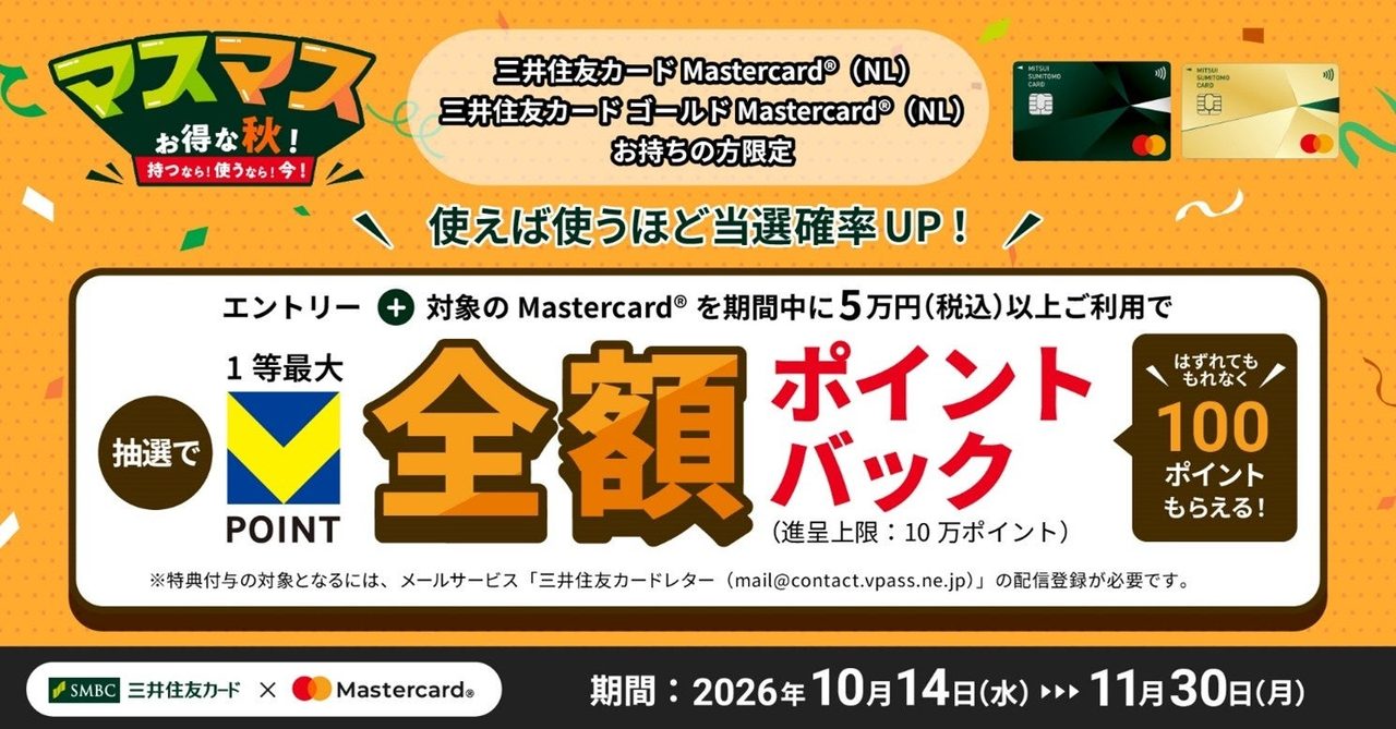 マスマスお得な秋 対象Mastercardを5万円以上利用で1等最大全額ポイントバックの抽選バナー