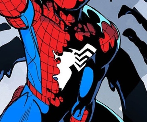 ポスターを拡大した、胸元に白い模様が入ったスパイダーマンのスーツ