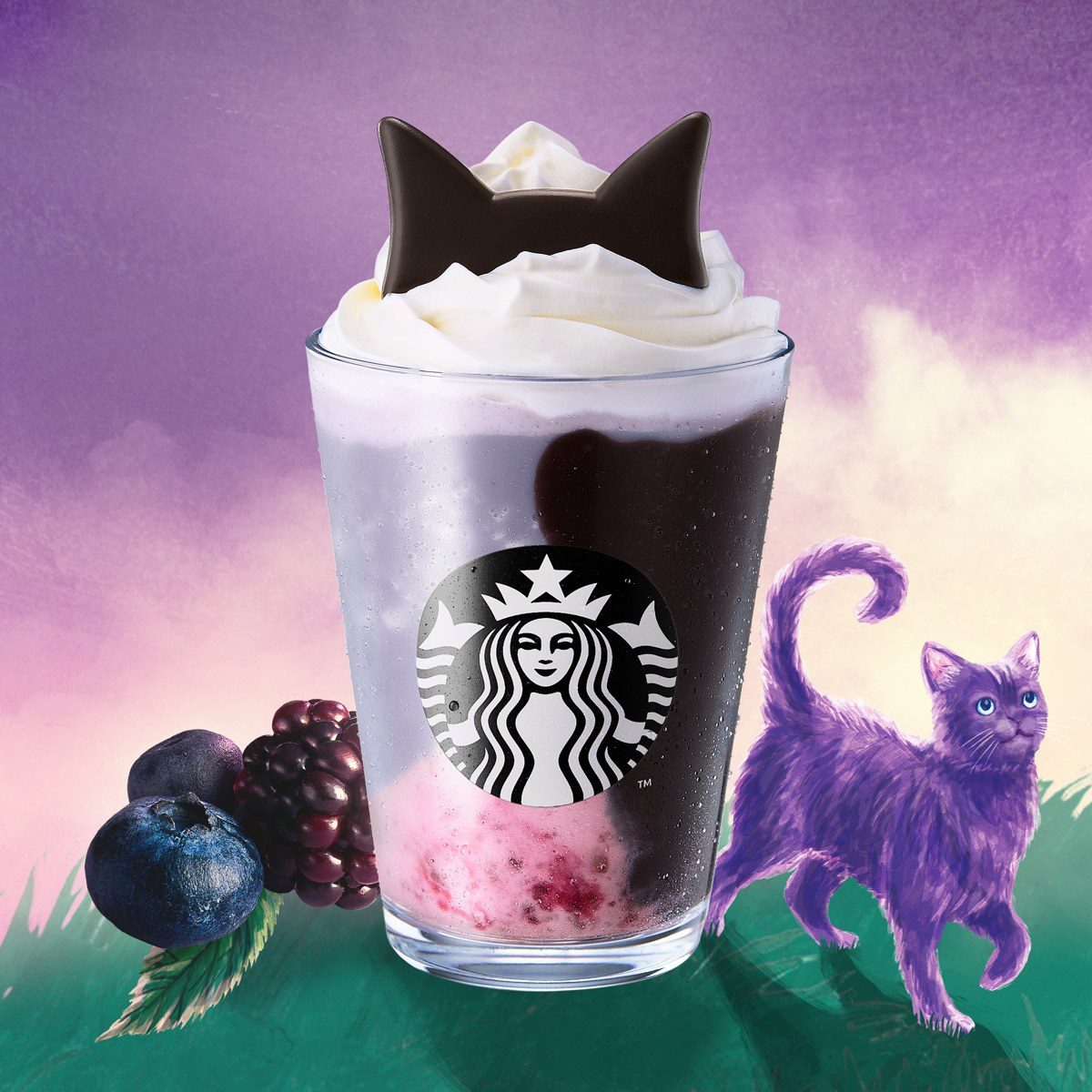 スターバックス ブラックベリー ヨーグルト フラペチーノ 黒耳ver.の黒い猫耳チョコレートトッピング