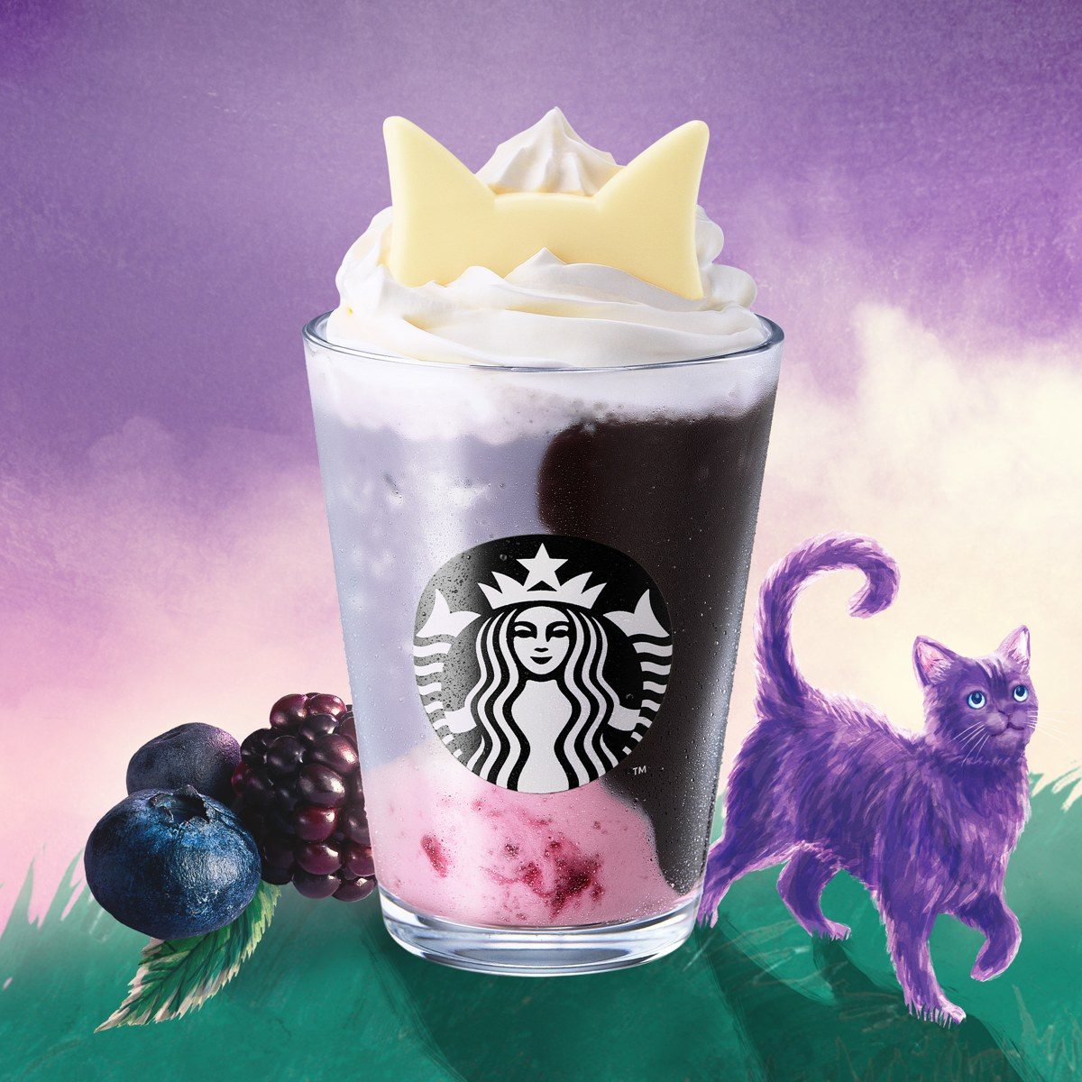 スターバックス ブラックベリー ヨーグルト フラペチーノ 白耳ver.の白い猫耳チョコレートトッピング