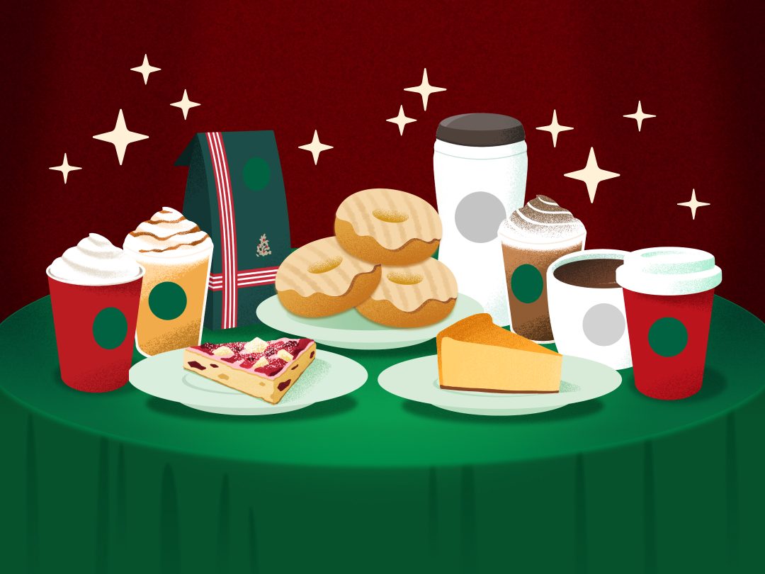 スターバックス ホリデーシーズンのドリンクとフードのイラスト