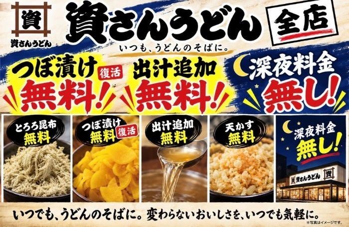 資さんうどんの無料トッピング(とろろ昆布・つぼ漬け・出汁追加・天かす)と深夜料金なしの案内