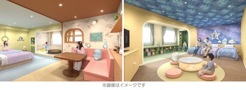 すみっコぐらしルームの2タイプの客室イメージ。左は暖色の内装、右は星空の天井の内装