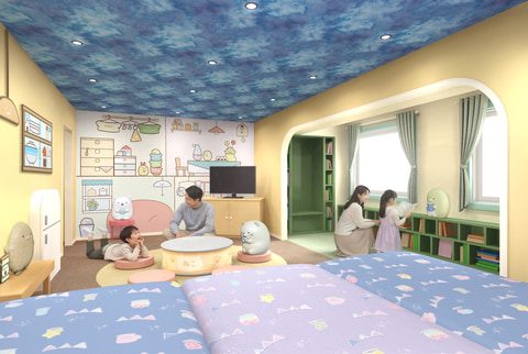 すみっコぐらしルームの客室イメージ。星空の天井と丸いクッション・テーブルのある内装