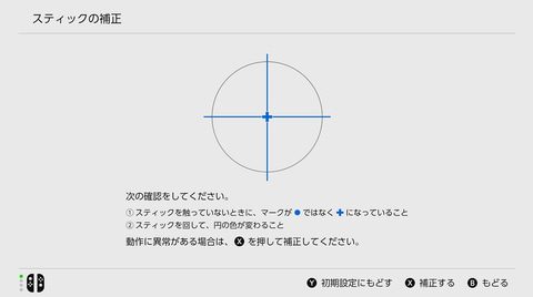 スティックの補正画面。触っていない時に十字のマークが中央にある状態