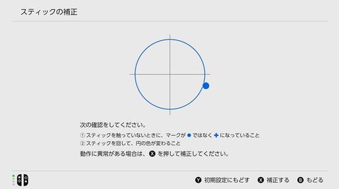 スティックを回すと円の色が変わる補正確認画面