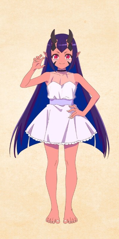 転ゴブのキャラクター設定画。紫色の長い髪と角を持つ魔族の少女クロエ