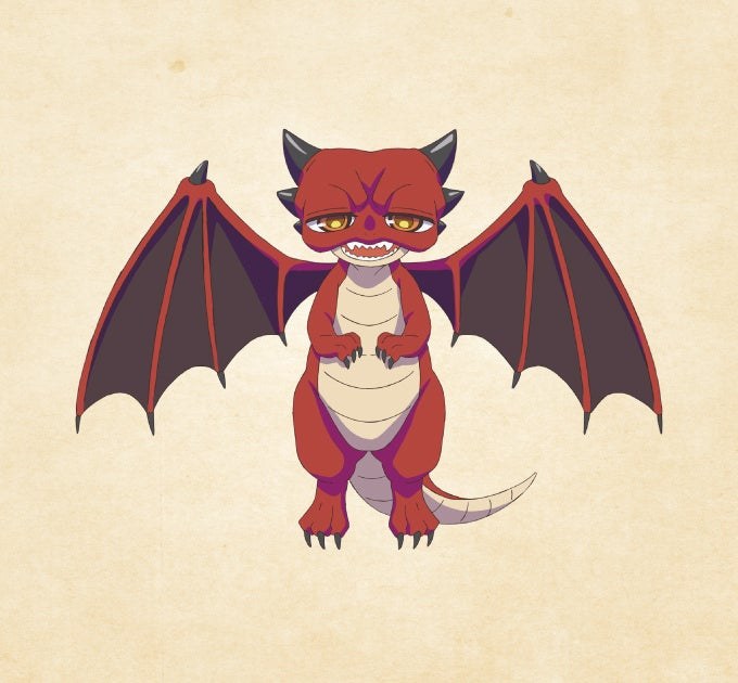 転ゴブのキャラクター設定画。赤い体と翼を持つ小さなドラゴンのイズイーズ