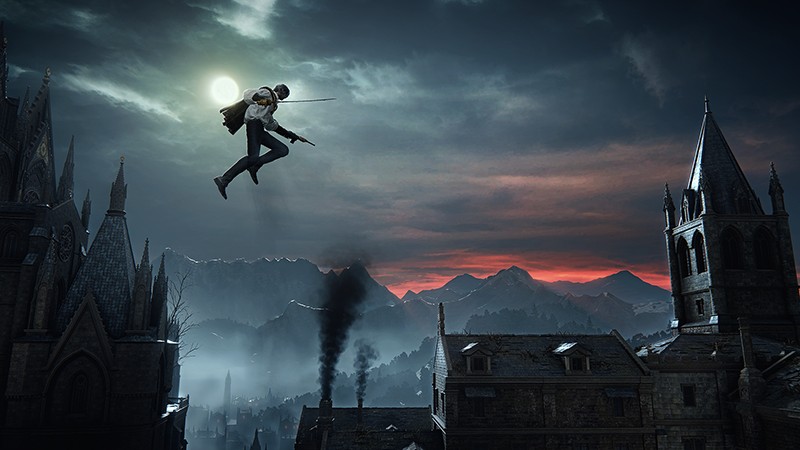 The Duskbloods の公式アート。月夜の空を跳ぶ血族と、ゴシック建築の街並み
