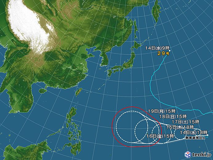 tenki.jpの台風情報で示された熱帯低気圧Aの予報円(14日18時〜19日15時)と台風29号の経路