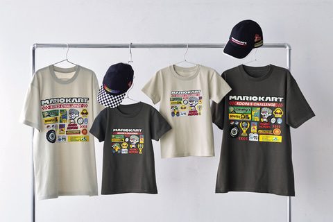 USJ「マリオカート」新グッズのTシャツとキャップ。ブラックとベージュのTシャツが並ぶ