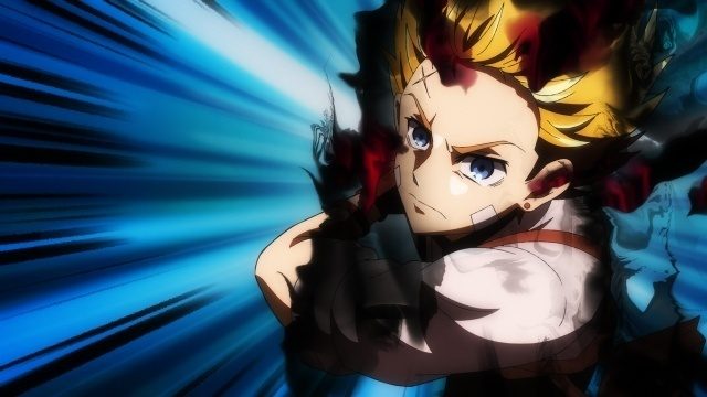 メインPV第2弾の場面カット。青い放射状のエフェクトを背に構える金髪の主人公