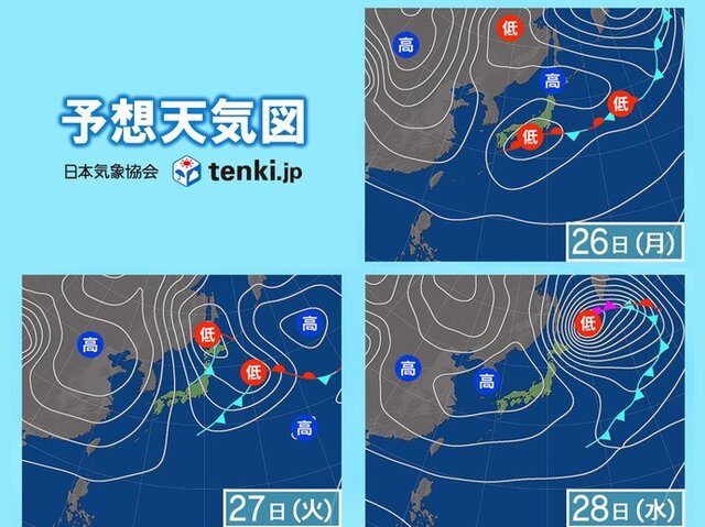 10月26日から28日の予想天気図。27日に冬型の気圧配置となり28日は北日本で等圧線が混み合う
